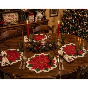 Vintage Kmart Trim A Home Poinsettia Christmas Placemats Set of 4 Die Cut